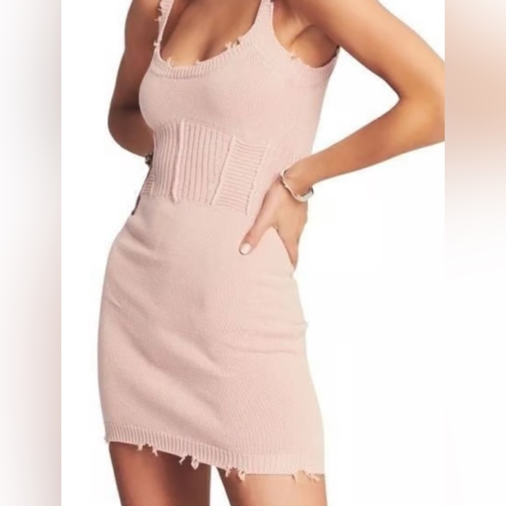 SEROYA Pink Knit Crochet Mini Sweater Dress, XS | SKU 1068